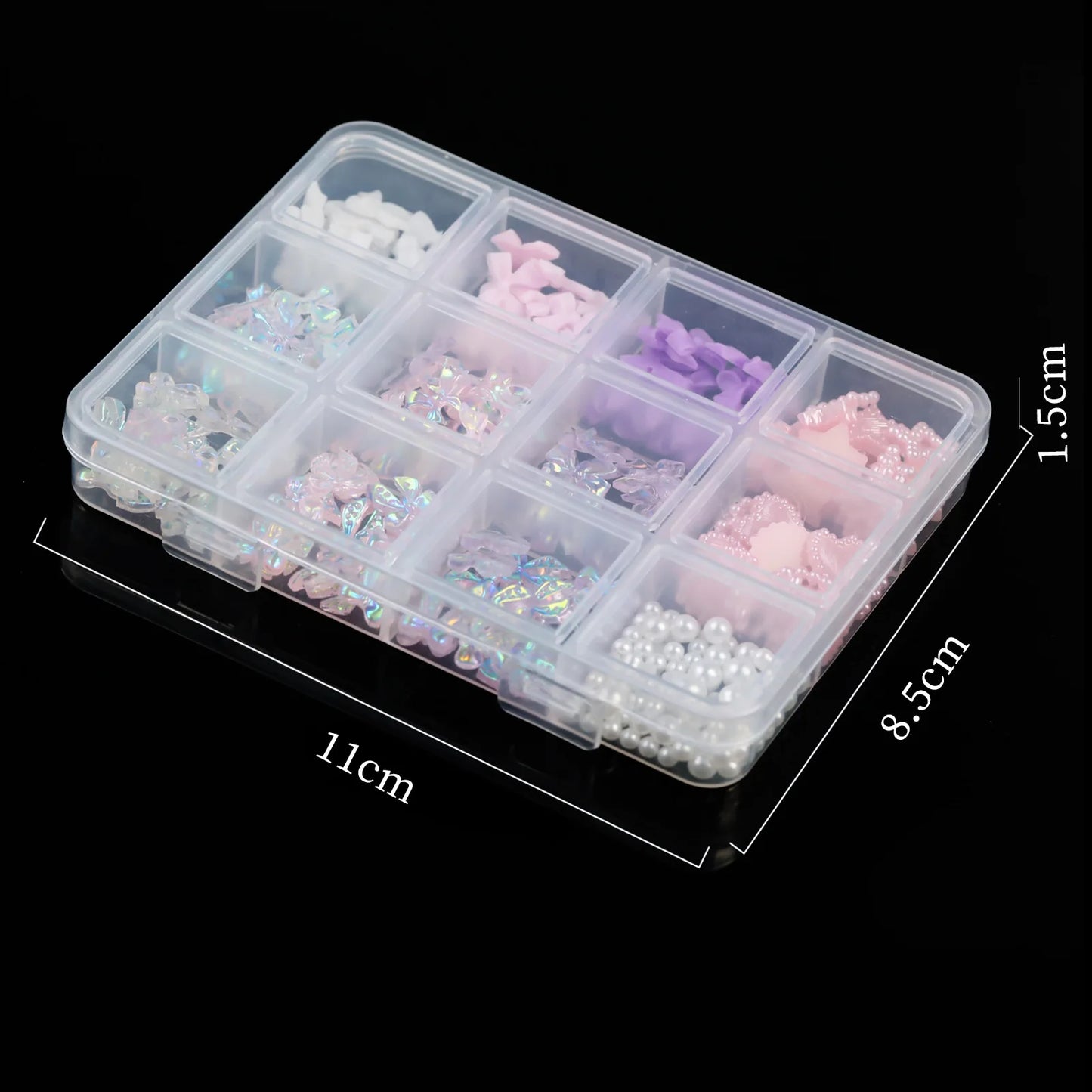 12Grids/Box 3D Mixed Bowknot Pearl Heart Nail Charms Flatback Resin Flower,Star,Moon Nail Rhinestones DIY Nail Art Decorations &