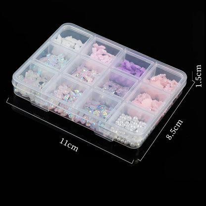 12Grids/Box 3D Mixed Bowknot Pearl Heart Nail Charms Flatback Resin Flower,Star,Moon Nail Rhinestones DIY Nail Art Decorations &