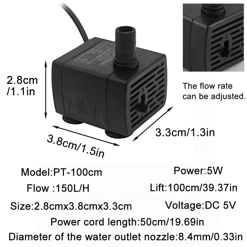 Ultra Quiet USB Aquarium Fish Tank Filtration Pump Mini Pet Fountain Submersible Adjustable Flow Water Circulation Pump 5V 5W