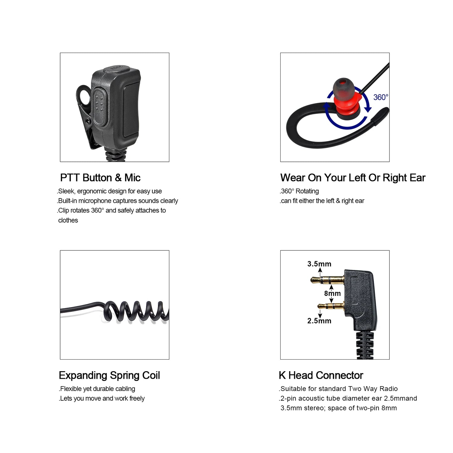 Two Way Radio 2 Pin K Head Soft Ear Hook Earpiece Walkie Talkie Headset with Mic PTT for BaoFeng UV-5R BF-888s Kenwood Retevis