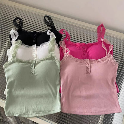 Summer Lace Strap Patchwork Camisole Women Solid Color Sleeveless Buttons Tank Top