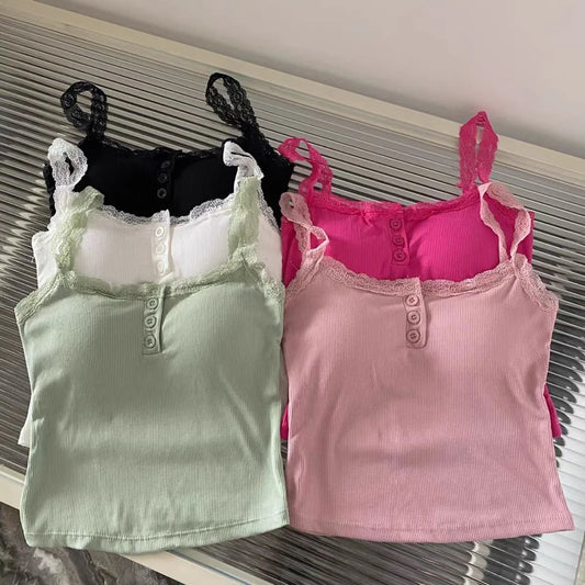 Summer Lace Strap Patchwork Camisole Women Solid Color Sleeveless Buttons Tank Top