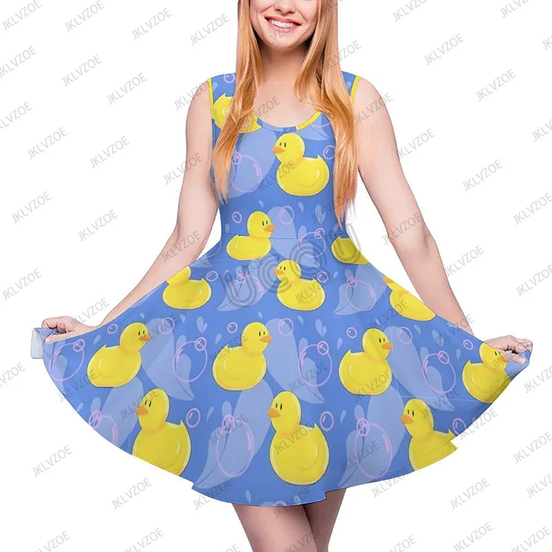 Summer New Fashion Yellow Classic Ducks Graphic Women Sleeveless Dress Kawaii Animal Aesthetic Dresses Female Kawaii Dress