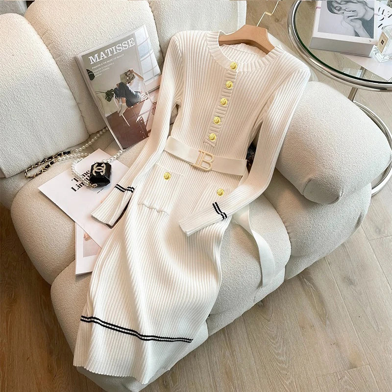 YuooMuoo 2025 Autumn Winter Women Knitted Dress Brand Fashion O-neck Buttons Bodycon Sweater Dress with Belt Lady Office Dress