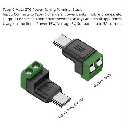 1-4Pcs Solderless Plug USB C to 2Pin Terminal Adapter Screw 5V Crimp Terminal Block Green Type-C to 2 Pin Charging Connector