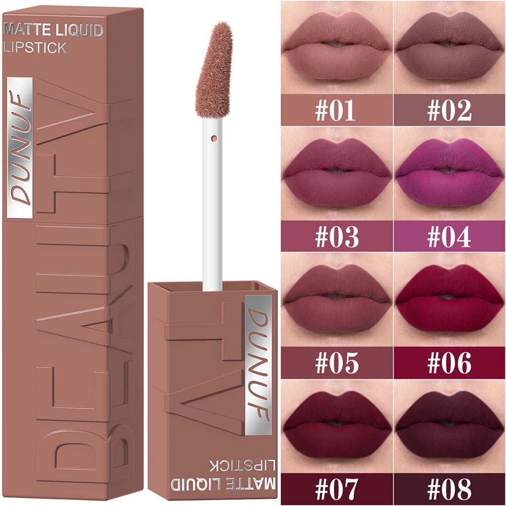 8 Color Nude Brown Matte Liquid Lipstick Velvet Sexy Dark Red Lip Glaze Non-stick Cup Not Easy To Fade Lip Gloss Lipstick Makeup
