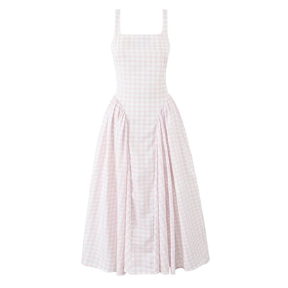 YENKYE Lace Up Bandage Plaid Sling Dress Women Elegant Square Neck Low Waist A-line Midi Summer Dresses Holiday Party Robe 2025