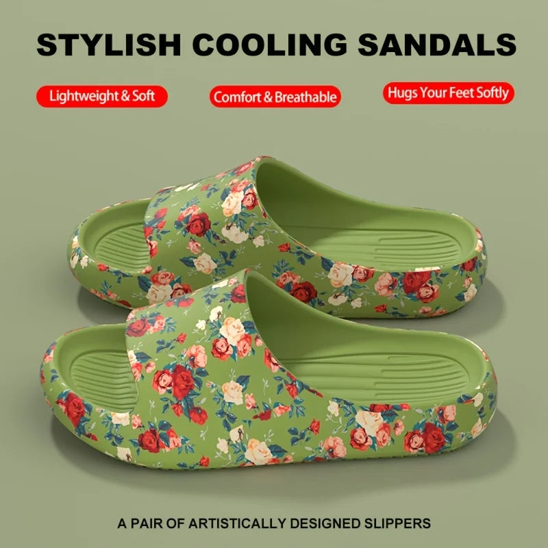 Women Men Floral Slide Sandals Plus Size Soft Slippers Thick Sole Non Slip Beach Shoes Casual Summer Indoor Outdoor Footwear