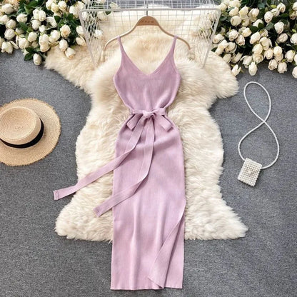 YuooMuoo Women Dress Sexy Cut Out Waist Package Hips Split Bodycon Dress Summer Fashion Lady Knitted Party Vestidos Sundress