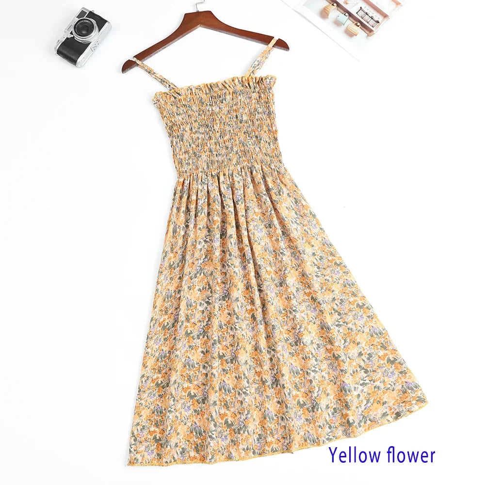 Summer Chiffon Camisole Sleeveless Dress Women Mini Dresses Fashion Elastic  Waist Casual Spaghetti Strap Dresses Vestidos Girls