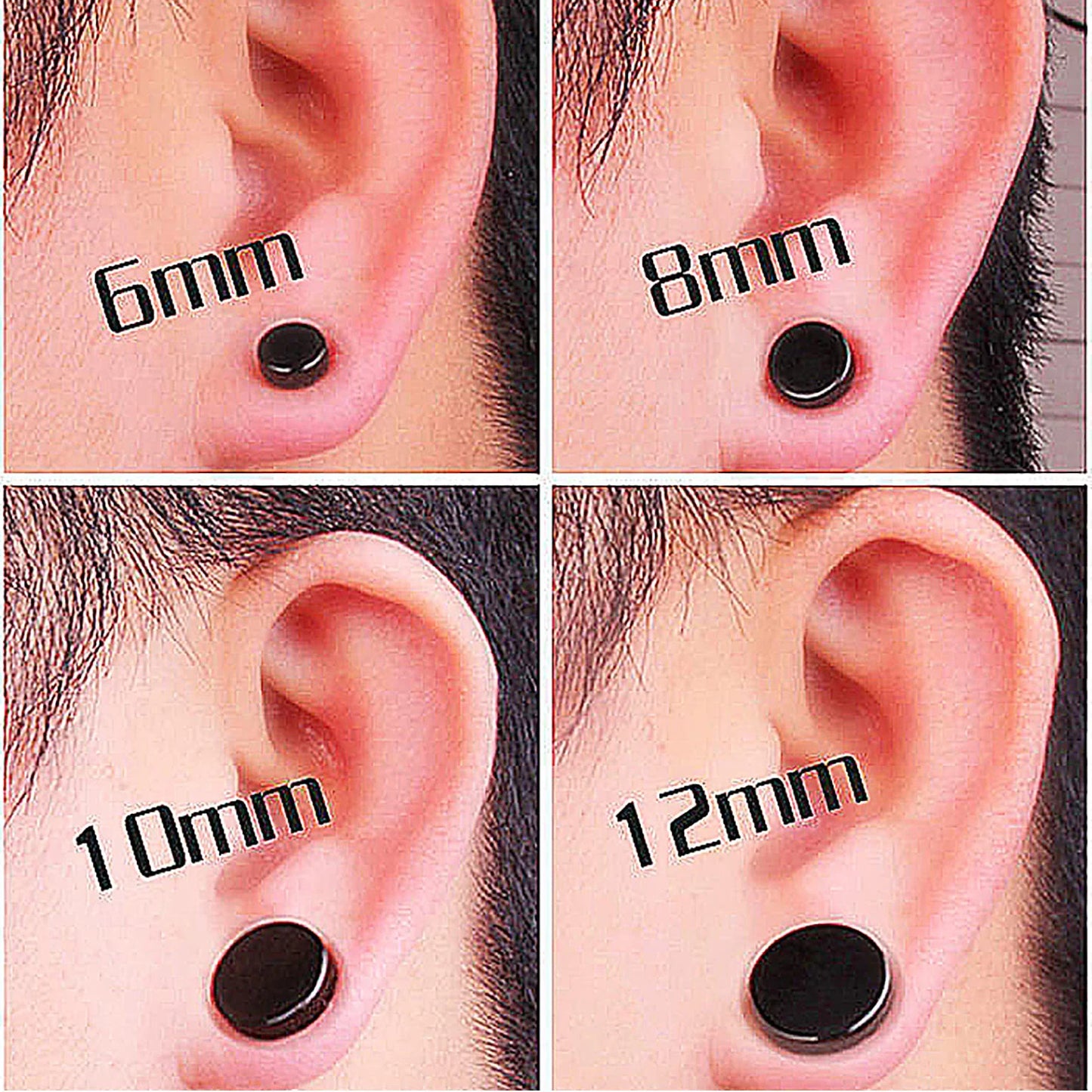 1 Pair 6-12mm Black Stainless Steel Hypoallergenic Magnetic Fake Gauges Earring Studs for Men Women Non Pierced Earrings