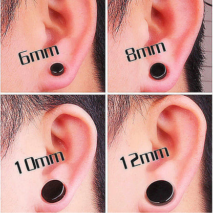 1 Pair 6-12mm Black Stainless Steel Hypoallergenic Magnetic Fake Gauges Earring Studs for Men Women Non Pierced Earrings