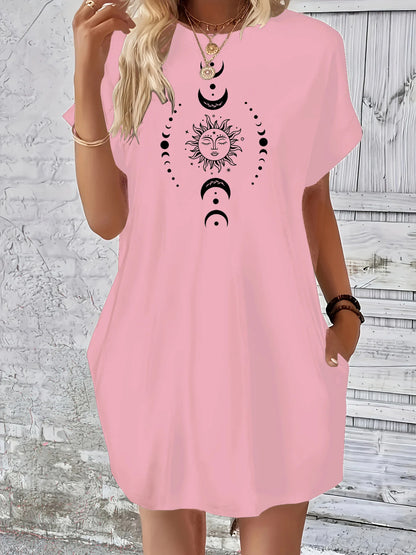Ladies' summer loose sun moon planet pattern printed round neck short sleeved pocket comfortable casual plus size dress