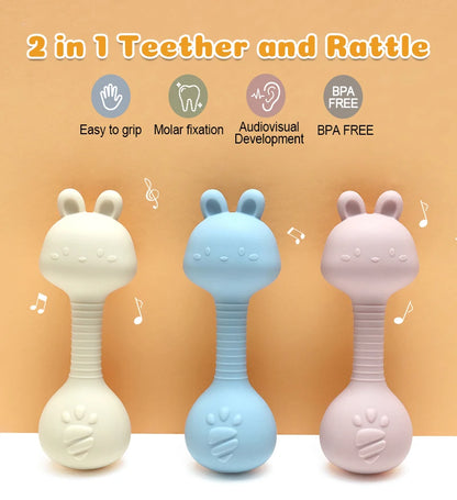 Food-Grade Baby Bunny Silicone Rattle Teether – Dumbbell Shape for Easy Grip, Handheld Toy for Infants