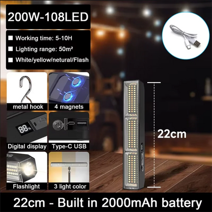 【High Power Magnetic LED Light Bar】2026 New Portable USB Rechargeable Work Light 3 Modes IP66 Waterproof Emergency Power Bank