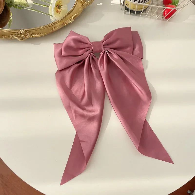 Korean Accessories Hair Clips for Women Girls Big Bowknot Solid Satin Long Ribbon Bows Spring Clamp Barette Cheveux Femme 2023
