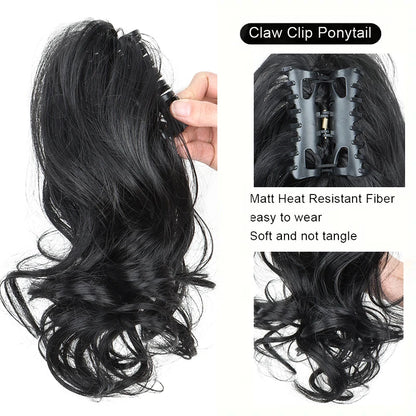 12 Inch Short Curly Clip-In Ponytail Extension-Synthetic Hair for Women Voluminous Claw Clip Hairpiece for Everyday Wear