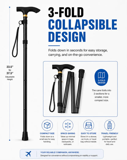 Foldable Walking Cane Adjustable Lightweight Aluminum Travel Cane T Handle Anti Slip Rubber Tip Portable Stick Senior Travel Aid