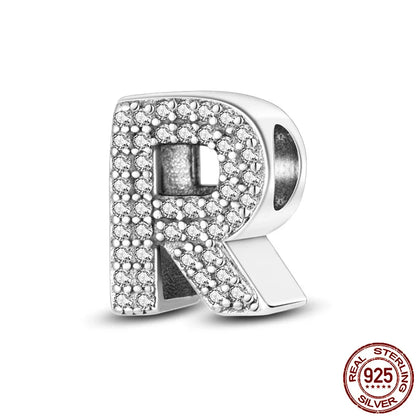 Original 925 Sterling Silver 26 Alphabet Letters Sparkling Zircon Charms Pendant Beads For Women Fine DIY Birthday Jewelry Gifts