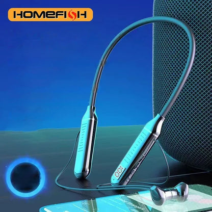 Wireless Bluetooth neckband headphones with digital display function, large-capacity semi-in-ear sports stereo headphones