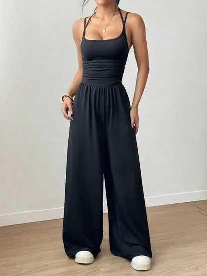 Women's Summer Black Casual Pleated Loose Straight-Leg Jumpsuit, Adjustable Halter Neck Tie