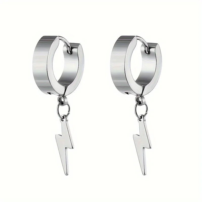 1pair Stylish Stainless Steel Lightning Pendant Piercing Hoop Earrings Ear Clip for Men Women Bold and Eye-Catching Statement