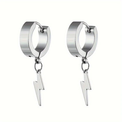 1pair Stylish Stainless Steel Lightning Pendant Piercing Hoop Earrings Ear Clip for Men Women Bold and Eye-Catching Statement