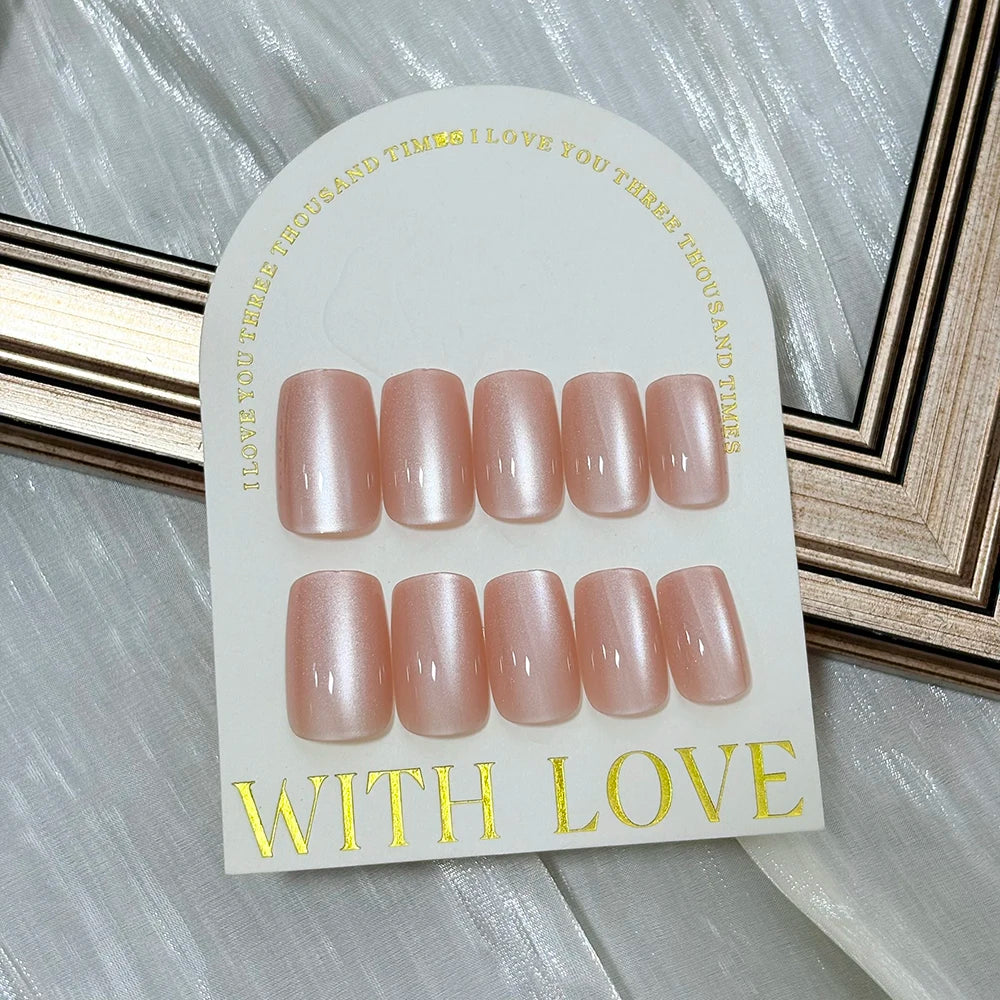 144Pcs/Box Nude Pink Cat's Eye Press On Nails Glossy Short Round Head Fake Nail Detachable Full Cover False Nailtip DIY Manicure