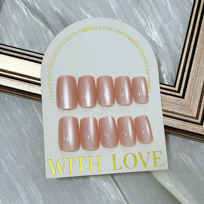 144Pcs/Box Nude Pink Cat's Eye Press On Nails Glossy Short Round Head Fake Nail Detachable Full Cover False Nailtip DIY Manicure
