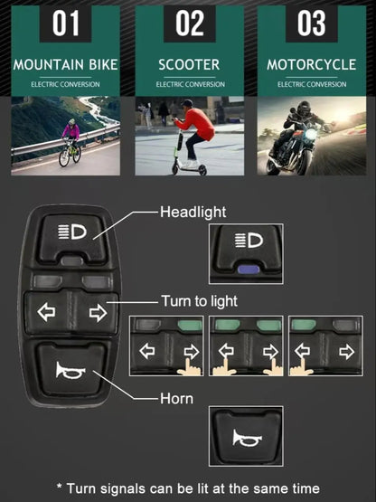 3-in-1 Electric Bike Switch: Headlight Turn Signal Horn Control 36V/48V ON/OFF Waterproof ON/OFF Control Switch for E-Bike