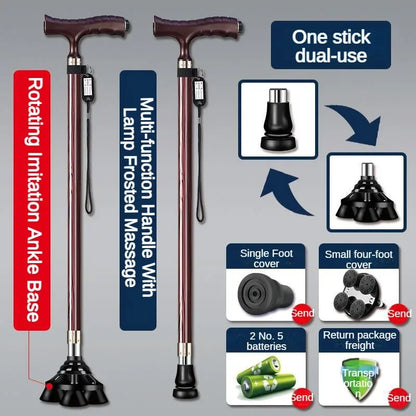 LED Light Non-Slip Elderly Walking Sticks Aluminum Alloy Multifunctional Crutch with Big Four Feet for Old Men