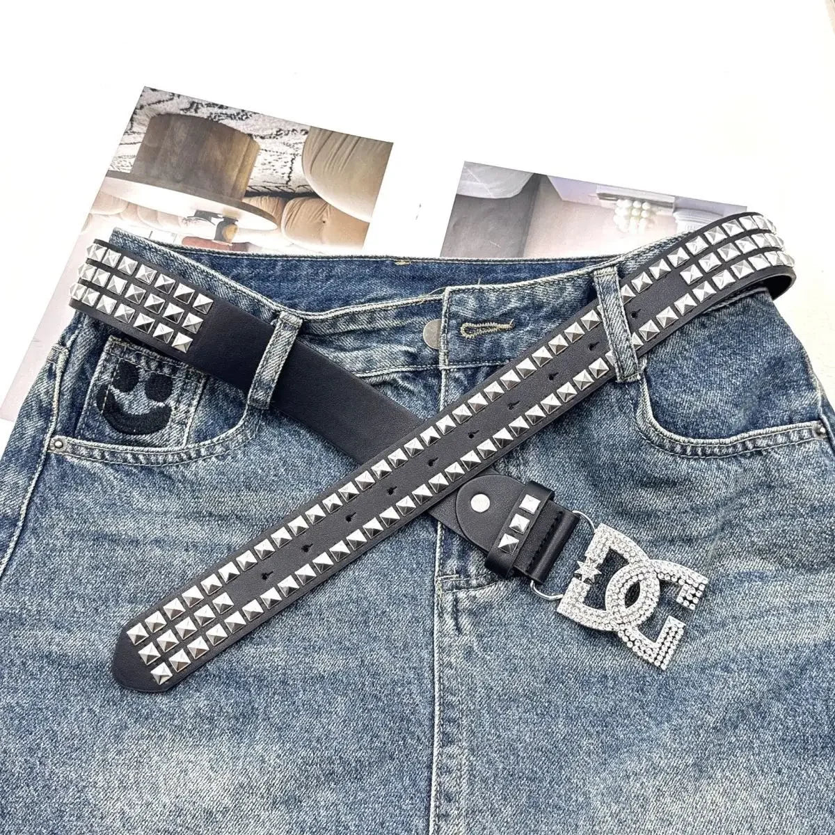 Women Rhinestone Rivet Leather Belt 120cm Y2K Punk Luxury Hot Girl Versatile Decor Waist Belt