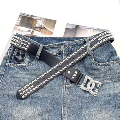 Women Rhinestone Rivet Leather Belt 120cm Y2K Punk Luxury Hot Girl Versatile Decor Waist Belt