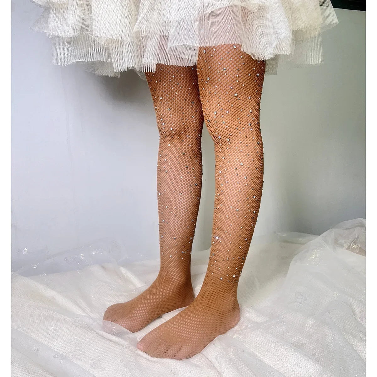 Kids Girl with Rhinestone Fashion Fishnet Stockings Hollow Lace Glitter Pantyhose for Children Girl Summer Mesh Baby Hosiery
