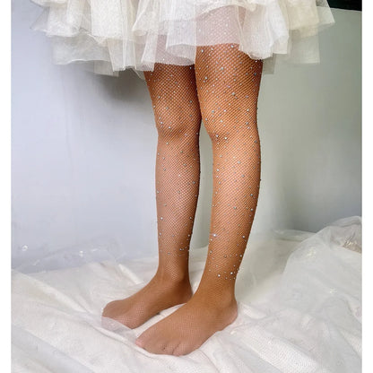 Kids Girl with Rhinestone Fashion Fishnet Stockings Hollow Lace Glitter Pantyhose for Children Girl Summer Mesh Baby Hosiery