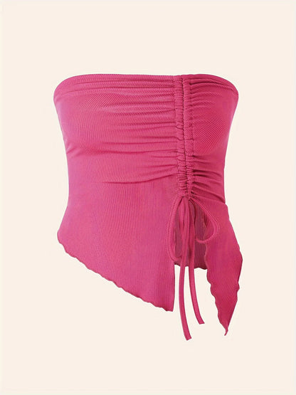 Spring Summer Y2K Women's Strapless Sleeveless Tube Top Mesh Ruched Side Asymmetrical Lace up Bandeau Cami Tank Tops Streetwear