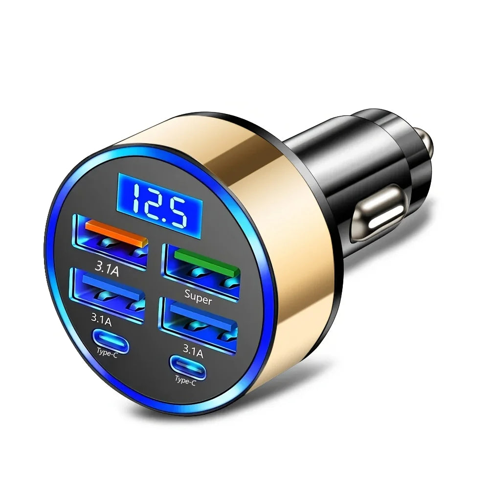 6-in-1 Fast Charging Car Adapter 3.1A Dual Type-C Digital Display Smartphones Tablets Power Banks Black Portable Charger