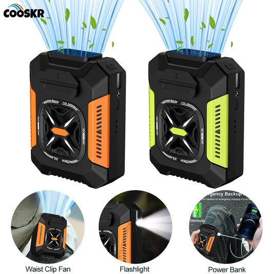 Portable Waist Clip Fan 5000mAh USB Rechargeable Fan Powerful Air Cooler Outdoor Camping Waist Fan with Power Bank LED Light