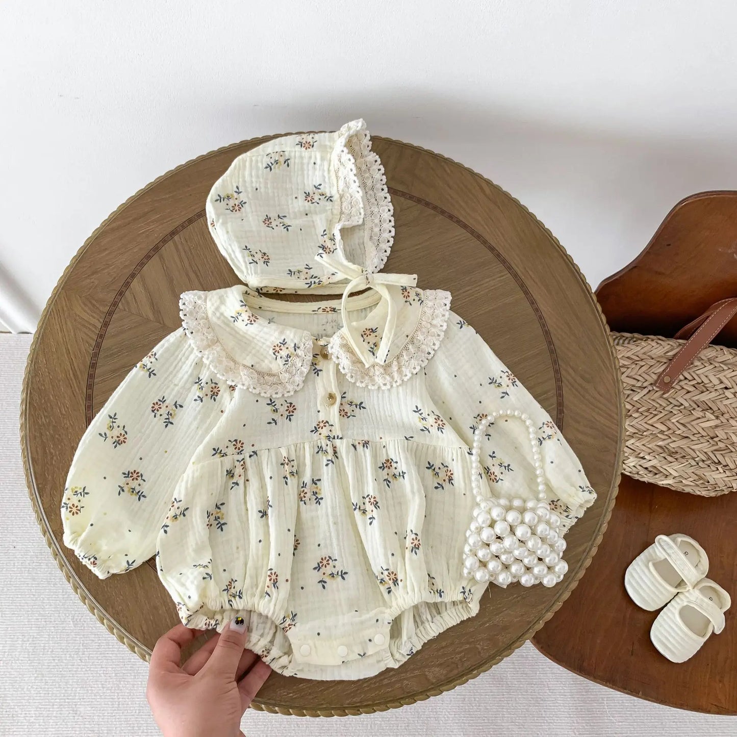 2025 Spring Newborn Infant Baby Girls Romper+Hat 2PCS Lapel Floral Rompers Kids Fashion Baby Clothing Newborn Baby Girl Jumpsuit