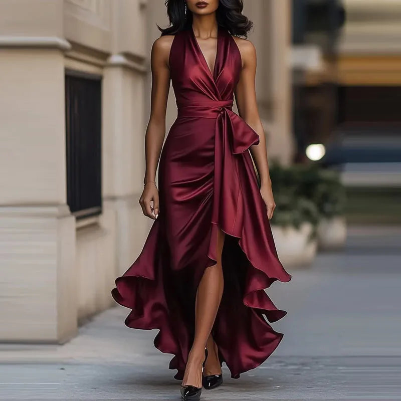 Temperament V-neck Irregular Satin Evening Dress Sexy Slim Solid Color Pleat Dress Summer New Lace Up Off Shoulder Banquet Dress