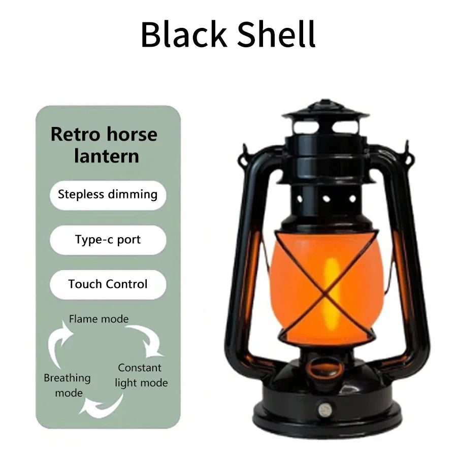 Retro Portable LED Horse Lantern Lamp Rechargeable Hanging Camping Lights 3 Lighting Modes for Desktop Bar Resturant Decoration