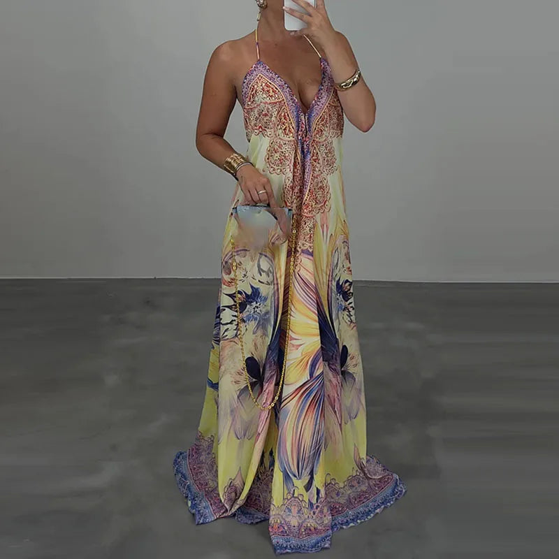 Casual High Waist Evening Party Dress Sexy V-neck Backless Sleeveless Vacation Robes Elegant Bohemian Printed Women Loose Dress