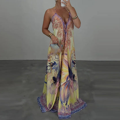 Casual High Waist Evening Party Dress Sexy V-neck Backless Sleeveless Vacation Robes Elegant Bohemian Printed Women Loose Dress