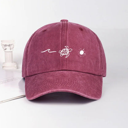 Retro Washed Baseball Cap with Wave, Turtle, and Sun Print – Unisex Adjustable Dad Cap – Summer Beach Sun Hat