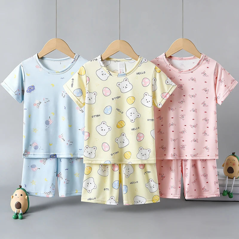 2-piece children's summer cute cartoon printed short sleeved shorts set for boys and girls casual and comfortable T-shirt shorts