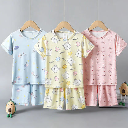 2-piece children's summer cute cartoon printed short sleeved shorts set for boys and girls casual and comfortable T-shirt shorts