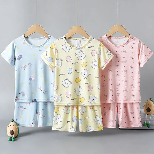 2-piece children's summer cute cartoon printed short sleeved shorts set for boys and girls casual and comfortable T-shirt shorts