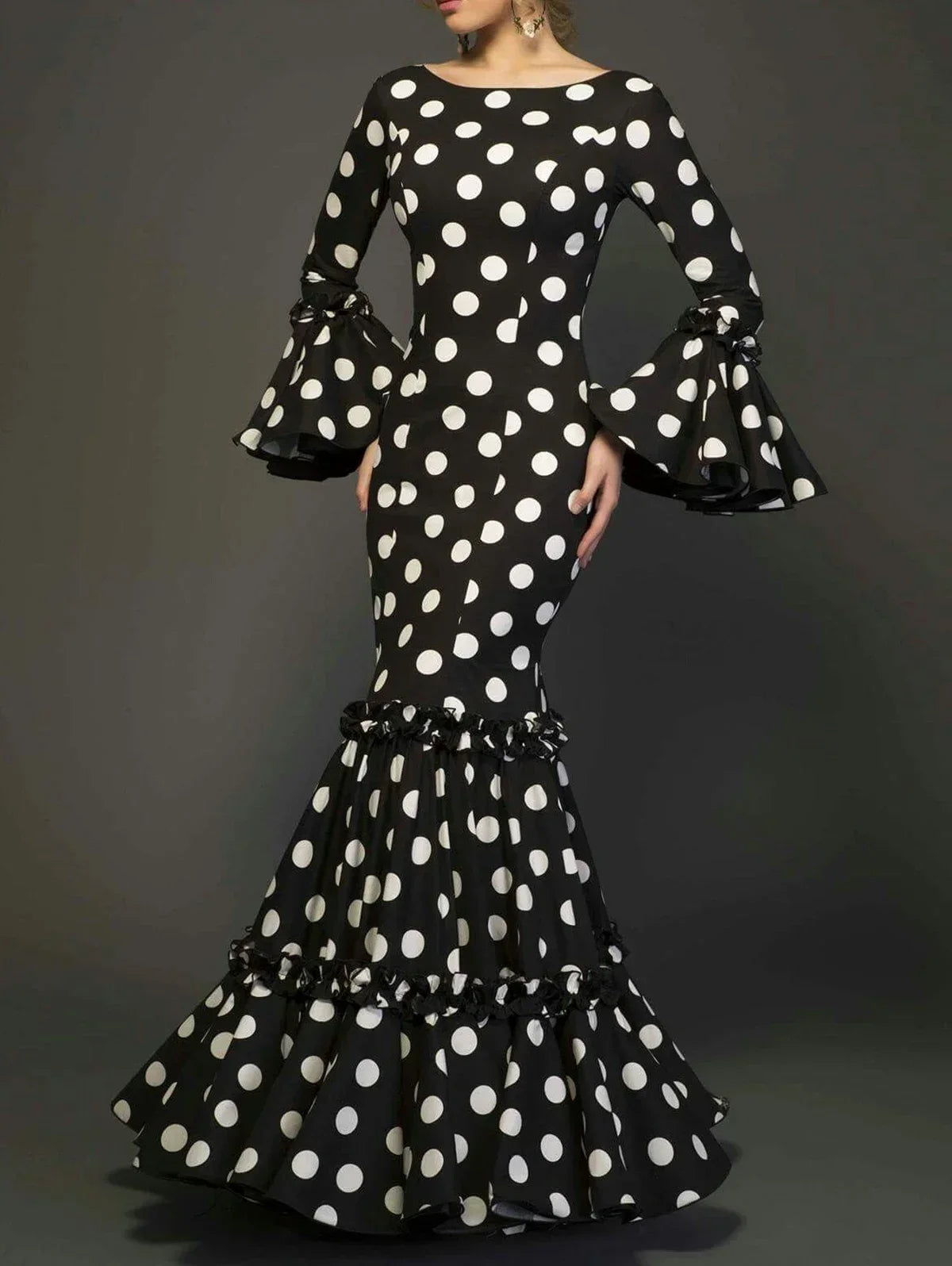 Polk Dot Printed Elegant Mermaid Dress Flare Sleeve Round Neck Party Club Ruffle Wedding Guest Cocktail Formal Dresses 2025