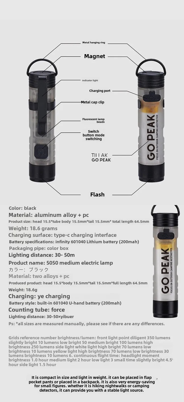 Gopeak Mini Pocket LED Flashlight USB Rechargeable Torch Keychain Clip Cap Light Long Endurance Emergency Hiking Camping Outdoor