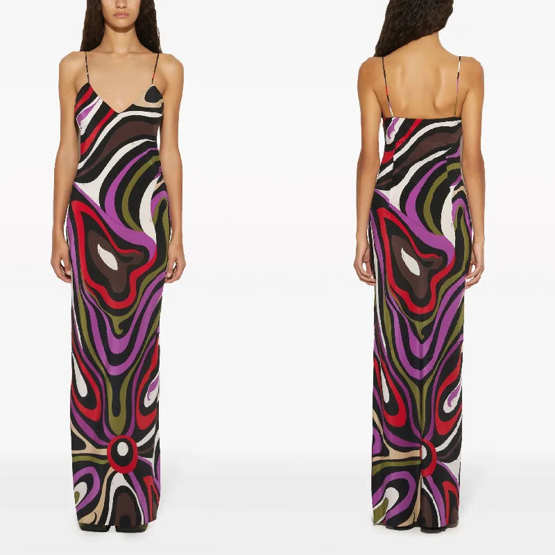 Women's Spaghetti Strap Dress Irregular Color Print Sexy V-neck Backless Slim Slit Long Dresses Summer Party Commuting Vestidos